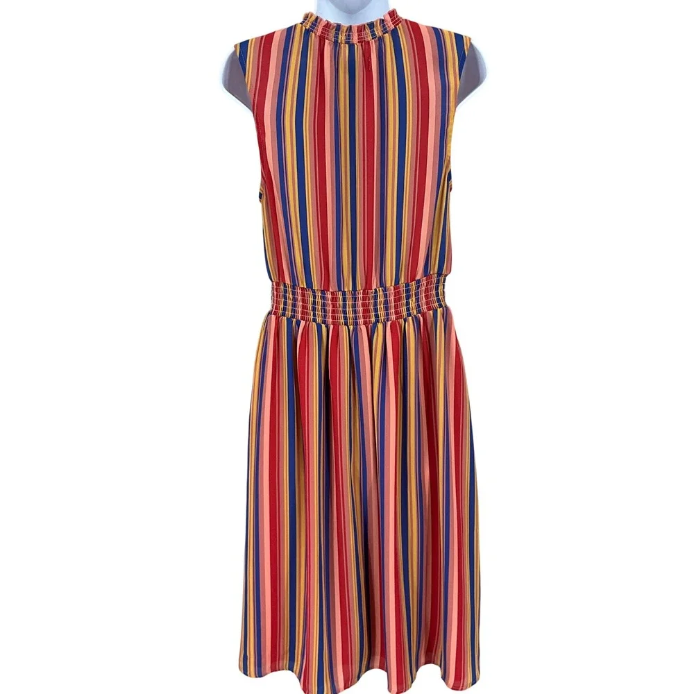 ModCloth Midi Dress Womens M Multi Color Stripe Smocked Mock Neck Boho Retro